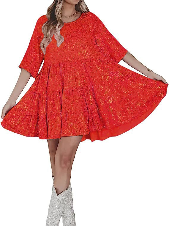 Cross-Border European and American Style Glitter Sequin Half-Sleeved Round Neck Ruffled Loose Short-Sleeved Dress Banquet Dress 10 Colors