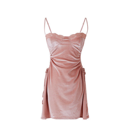 3053 Gold Velvet Shake Fast Live Broadcast Influencer Picks Lace Cut Out Pajamas for Women Pure Desire Suspender Nightgown Set Accessible Luxury