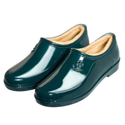 Rain Boots for Women in Spring & Fall Seasons Yuanbao Water Shoes Shallow Mouth Waterproof Anti-Slip Kitchen Work Car Wash Fleece-Lined Warm Rubber Rain Boots
