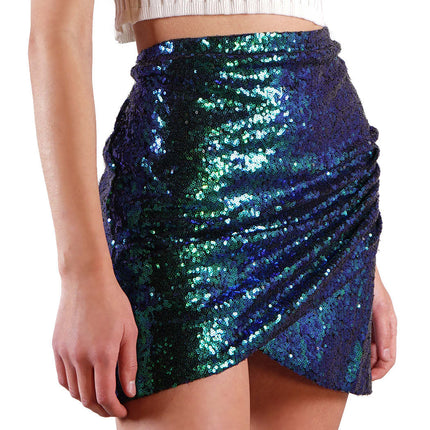 Amazon independent station fashion women's short pleated hem tight sequined sequined pencil mini skirt short skirt
