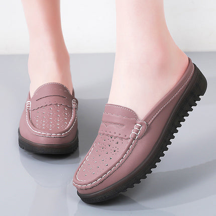Muller Shoes 2024 Non-Slip Half-Slip Mom Shoes with Soft Soles, Perforated Women's Loafers, Low Heel, Hollow Design, Flat Comfortable Shoes