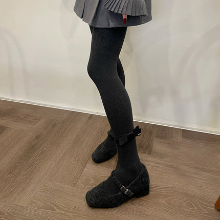 South Korea Dongdaemun One Word Bow Pantyhose Smoke Gray fleece-lined Warm Slimming Micro Pressure Base Socks Autumn and Winter Women