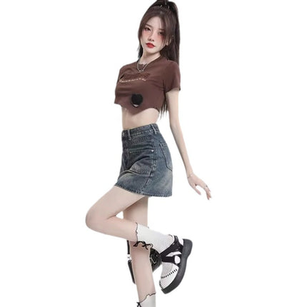 Anti-glare High Waist Denim Skirt Women's Summer New American Style Spice Girl Slimming Straight A- line Hip Short Skirt