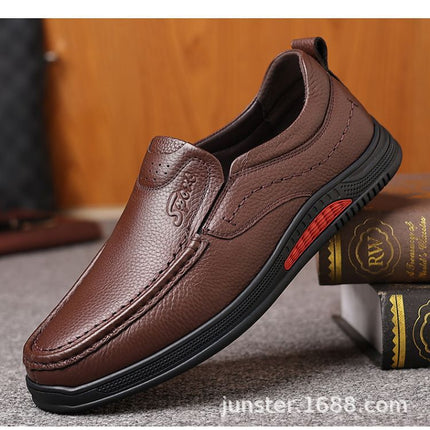 Men's First Layer Cowhide Shoes Spring Genuine Leather Men's Casual Shoes Slip-on Middle-aged Non-slip Soft Bottom Dad's Car-driving Shoes