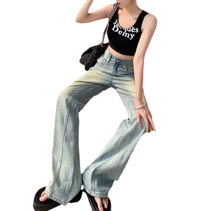 American retro nostalgic light blue high waist wide leg floor jeans 2024 autumn slim high street ins trousers