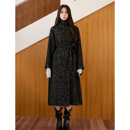 Row Style Lapel Wool Outwear for Women 25Ss Autumn and Winter Thickeneded Warm Loop Wool Lace-Up Windbreaker Style Woolen Outwear