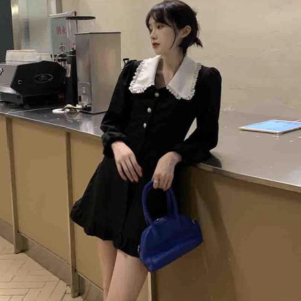 French Retro Black Long-Sleeved Dress for Women Spring & Fall 2025 New Style Sweet Waist-Cinching Doll Collar Short Skirt