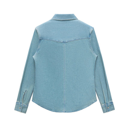 Vintage Green Denim Shirt for Women, Spring 2026, Stretchy Base Layer Top, Casual Versatile Layering Jacket