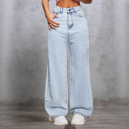 Cross-Border Women's American Retro Washed Distressed Rhinestone Jeans Autumn and Winter Loose Slimming High-Waisted Floor-Length Pants