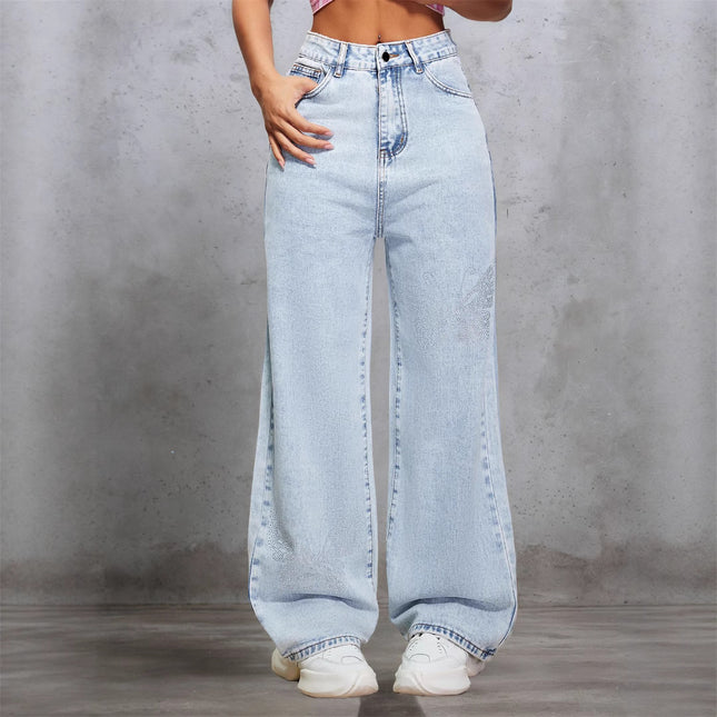 Cross-Border Women's American Retro Washed Distressed Rhinestone Jeans Autumn and Winter Loose Slimming High-Waisted Floor-Length Pants