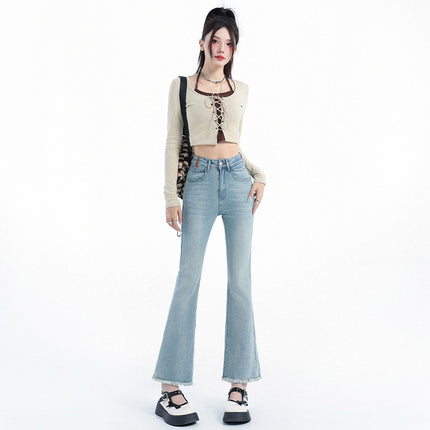 Light Blue Denim Flared Jeans for Women, 2025 Autumn New High-Waisted Slimming Design with Frayed Edges