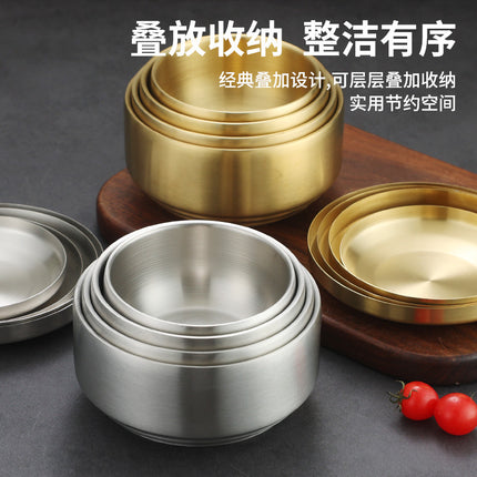 Korean-style Stainless Steel Bowl Rice Bowl Soup Bowl 304 Children's Thickened Small Bowl Anti-scalding Commercial Golden Belt Cover Bowl