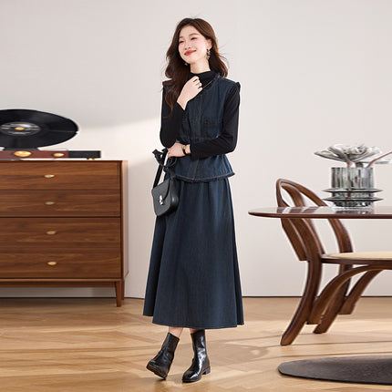Denim suit Women 2024 Autumn New Temperament Goddess Fan Slimming French Style Chanel Style Commuter Skirt Three-Piece Set