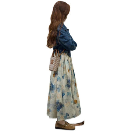 Spring 2025 new salt light cooked wind fashion age-reducing ink painting dress with Denim short coat two-piece set