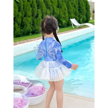 Next Kiss Fairy Gauze Skirt Kidsren's One-Piece Swimsuit 2025 New Summer Long-Sleeved Fashion Girls Swimsuit