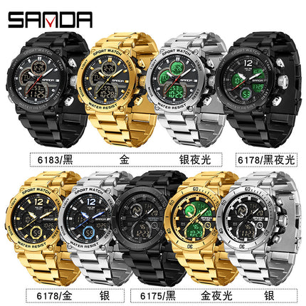 Sanda foreign trade best selling electronic watch fashion business steel band luminous wrist watch multi-functional dual display men's watch wholesale