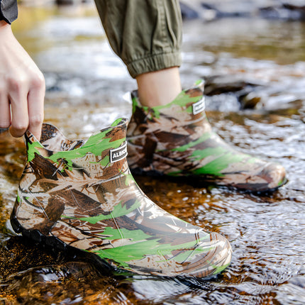 Cross-border short tube waterproof men's rubber shoes fashion camouflage army green rain boots outdoor mountain rain boots 39-48 plus size men's shoes