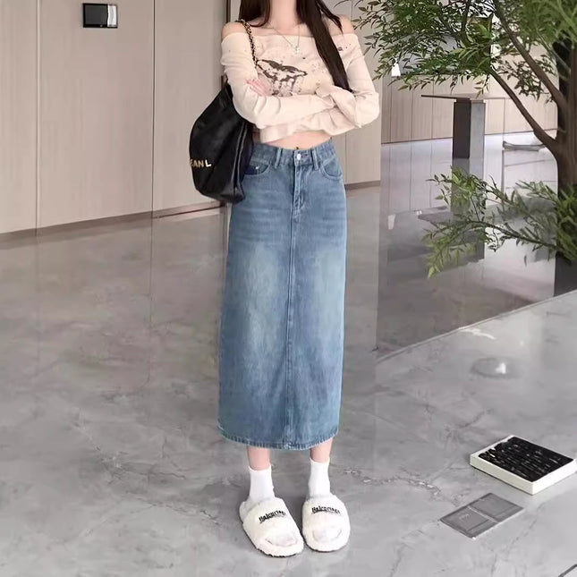 Denim Skirt Women's Autum Korean Style 2024 New Pear-shaped Figure High Waist Slim Mid-length Slit A-line Skirt