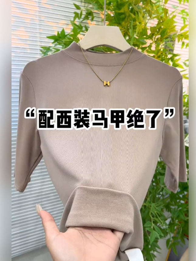 Half Turtleneck Mid-Sleeve T-Shirt for Women Spring & Fall New Suit with Bottoming Shirt Slimming Look Elastic Versatile Three-Quarter Sleeve Top