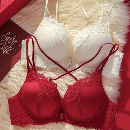 Red Small Breast Push-Up Bra for Women Wedding Bride 2025 New Animal Year Lace Pure Lust Bra Set