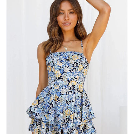 2022 European and American women's new sleeveless pleated back strap printed suspender jumpsuit skirt 031#