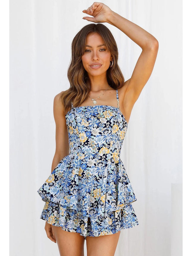 2022 European and American women's new sleeveless pleated back strap printed suspender jumpsuit skirt 031#