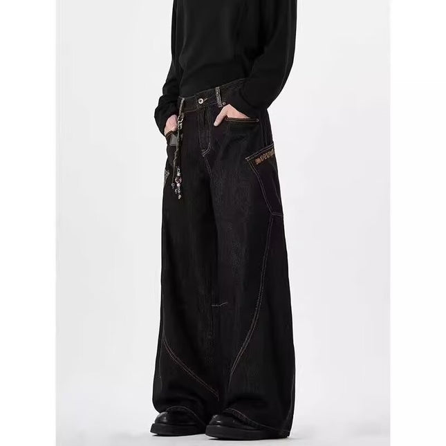 American Retro Silhouette Scimitar Jeans for Men and Women Street Design Couple Loose Straight Floor-Length Wide-Leg Pants