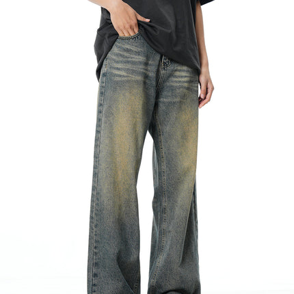 Niche worn-out vintage washed straight jeans men's autumn New loose all-match wide-leg mop pants