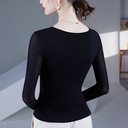 2025 Spring and Autumn New Cross V-Neck Mesh Bottoming Shirt Thin Long-Sleeved Top Women's Waist Covering Belly Fashionable Small
