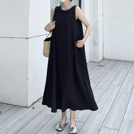 French Style Sleeveless Cotton and Linen Dress for Women 2024 Summer New Design Back Cut Out Round Neck Vest Dress