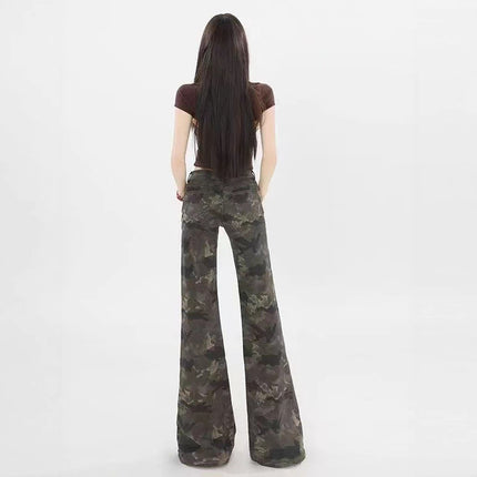 Camouflage Low-Waist Bootcut Jeans for Women 2025 Early Autumn New Loose Slimming Look Straight Leg Non-Stick Leg Flared Floor-Length Pants