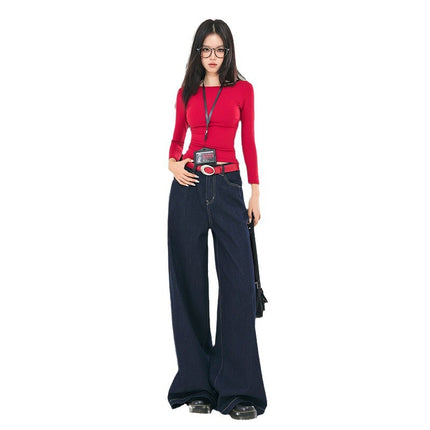 dark blue Wide Leg Jeans Women's Autumn and Winter 2024 New fleece-lined Straight Tube Loose High Waist Dipped Slim Mop