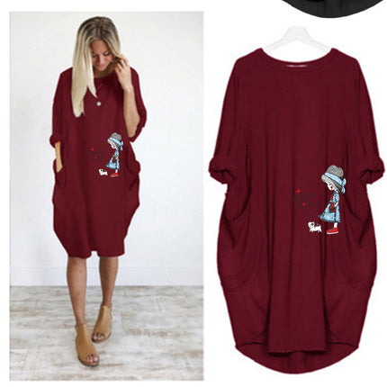 Factory direct sale wish AliExpress foreign trade women's casual loose pocket long sleeve plus size fat sister dress