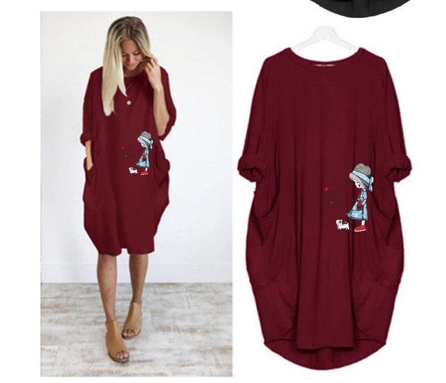 Factory direct sale wish AliExpress foreign trade women's casual loose pocket long sleeve plus size fat sister dress