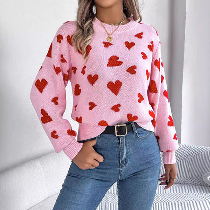 Clearance Sale Real Shot 2025 Autumn/Winter Casual Color-Block Heart Lantern Sleeve Pullover Sweater Amazon Cross-Border Valentine's Day