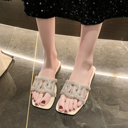 Cross-border Trade Rhinestone Cross Flat Slippers Women's 2024 Summer New Square Head Low-heeled Beach Sandals