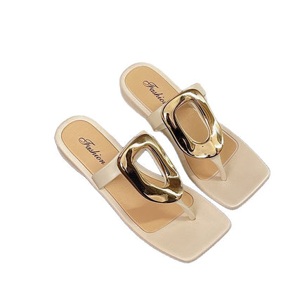 2025 New Style Square-Toe Open-Toe Thong Sandals for Outdoor Wear, Versatile Clip-Toe Casual Flat Sandals with Metal Buckle, Niche Summer Breathable Design