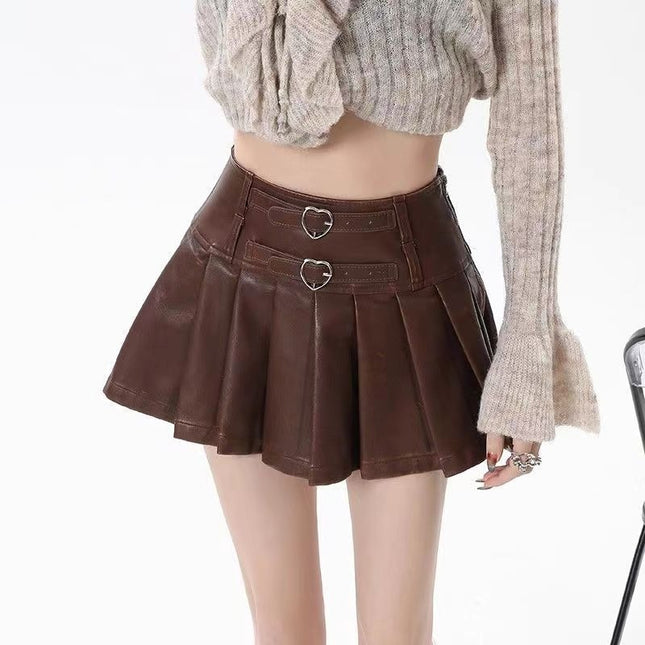 Autumn and Winter American Leather Skirt Retro Sexy High Waist Pu Pleated Skirt Slimming Look Skirt Pleated Short Skirt