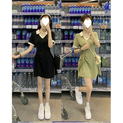 Green Collar Drawstring Dress Summer Women's Design Niche Slim Waist Slimming Casual Shirt Skirt