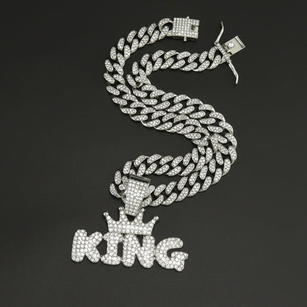 European and American INS TikTok Hip-Hop Alloy Necklace with Diamond Exaggerated Big Button Pendant Crown KING Letter Fashion Accessories