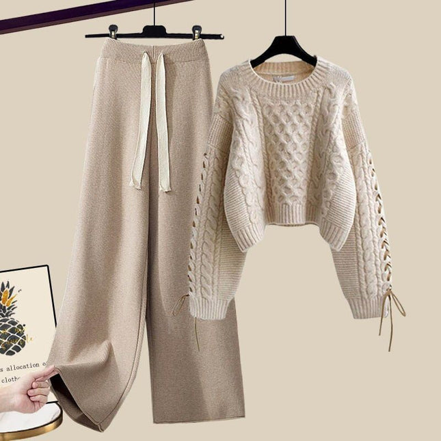 plus size Women's Autumn and Winter suit Women's 2024 New Pullover Knitted Sweater Women's Loose Slimming Wide Leg Pants Two-piece Set