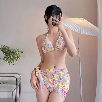 Floral Small Fresh Color Printed Pleated Bikini Chest Pad Small Chest Gathering Hot Spring Seaside Holiday Swimsuit Women