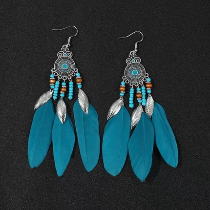 Bohemian Turquoise Earrings European and American Retro Owl Geometric Dreamcatcher Feather Tassel Earrings Women