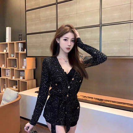 High Version in Stock 2025 Spring New European and American High-End French Celebrity Slim Sequin Knitted Cardigan Jacket for Women