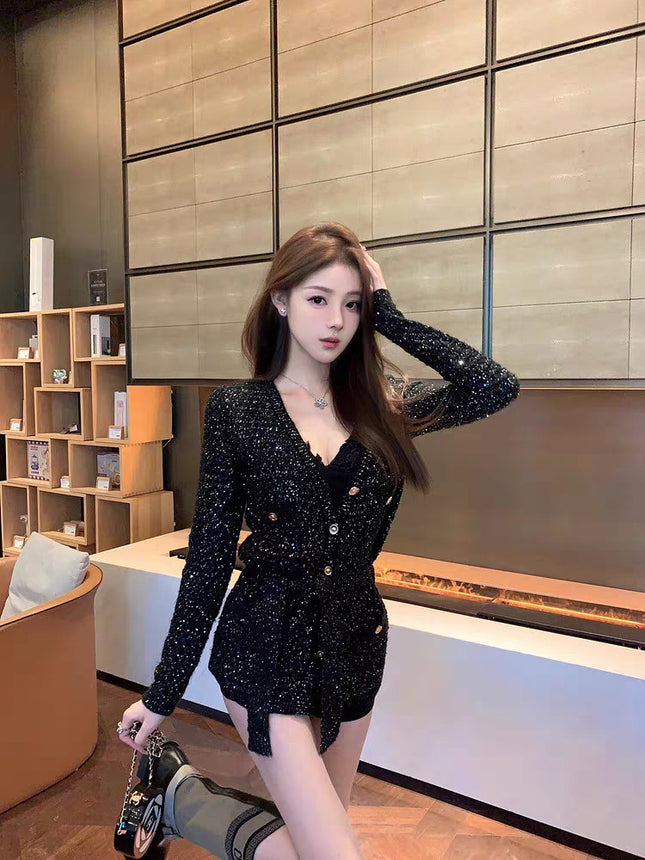 High Version in Stock 2025 Spring New European and American High-End French Celebrity Slim Sequin Knitted Cardigan Jacket for Women