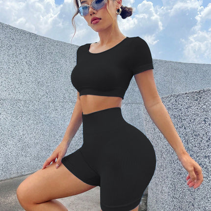 European and American Quick-drying Breathable Seamless Yoga Suit Fitness suit Women's Sports Yoga Short-sleeved Peach Hip Yoga Pants Shorts