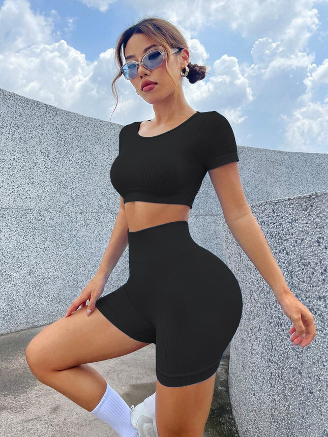 European and American Quick-drying Breathable Seamless Yoga Suit Fitness suit Women's Sports Yoga Short-sleeved Peach Hip Yoga Pants Shorts