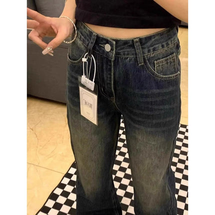 Blue Gray Micro-flare Jeans Women's Fashion All-match plus size High Waist Hip Covering Slimming Horseshoe Trumpet Long Pants