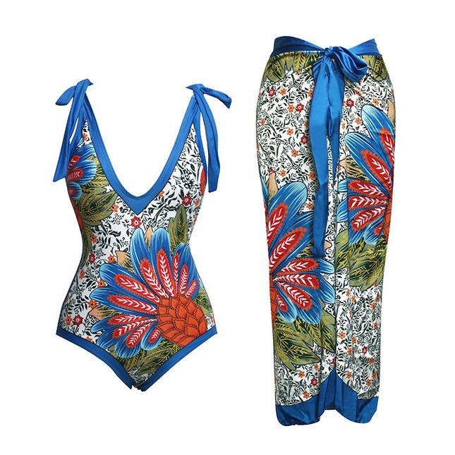 2024 New French lace-up swimsuit women's hot spring beach vacation one-piece bikini sexy printed suit swimsuit