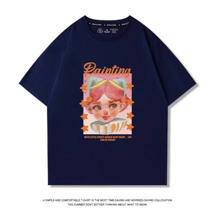 Navy Blue Short-Sleeved T-Shirt for Women, Summer 2026 New Popular Style, Loose Fit, Pure Cotton, Half-Sleeve, Drop Shoulder Design, Slimming Top